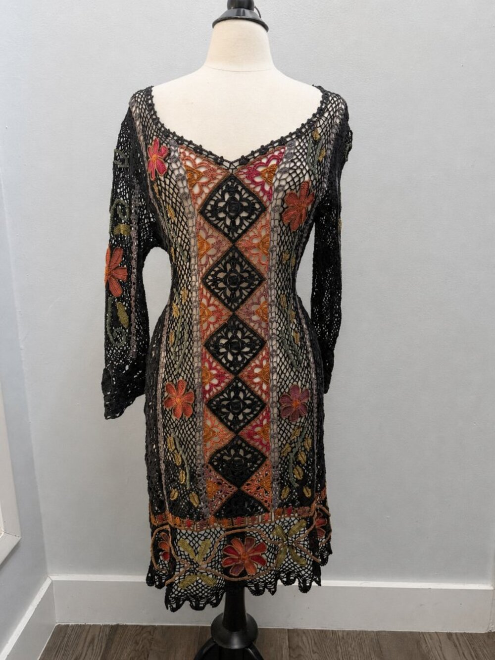 Peruvian Connection Annabelle Crochet Tunic Dress Size L Black Floral Boho